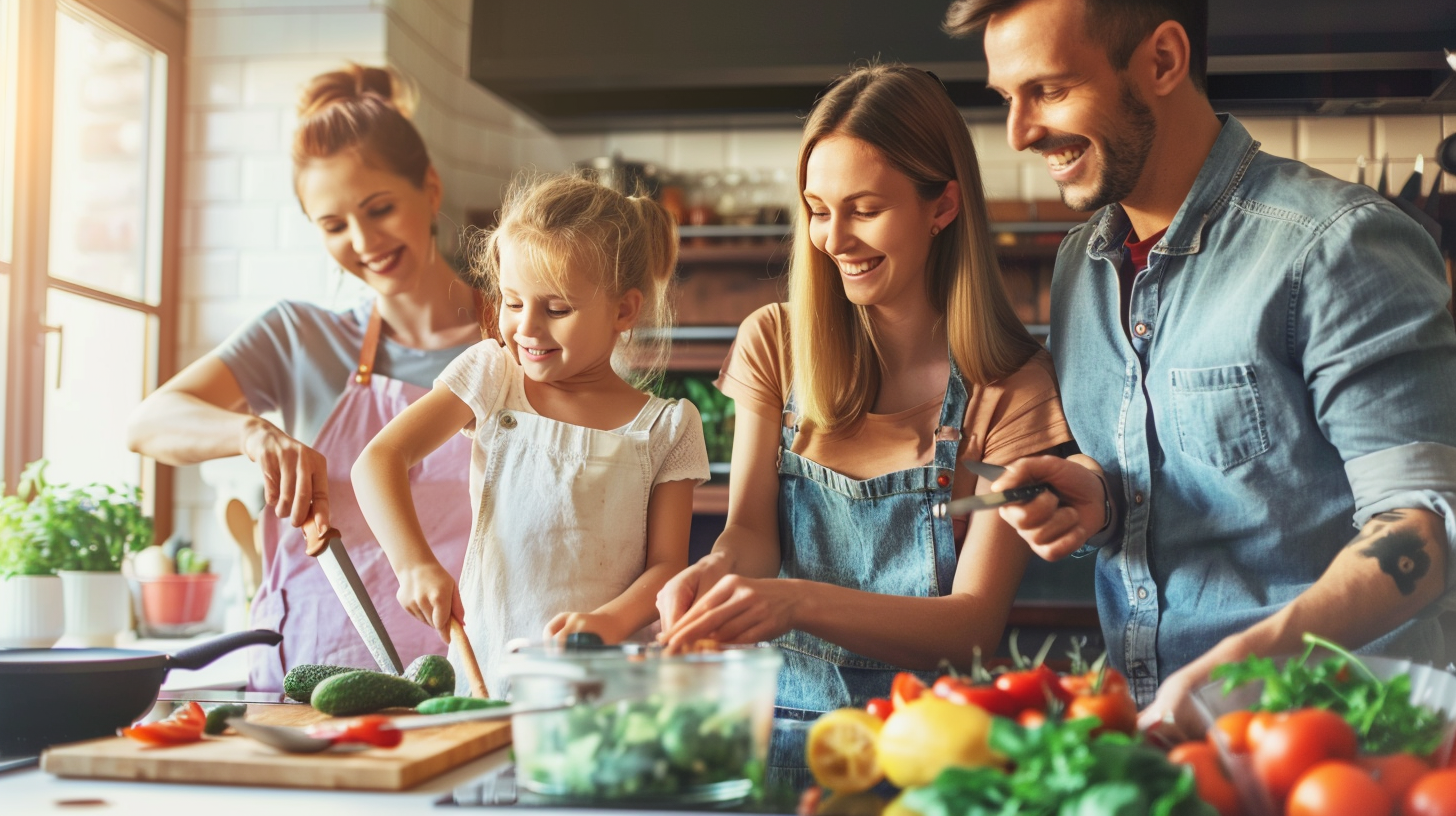 Сім'я готує здорову їжу разом