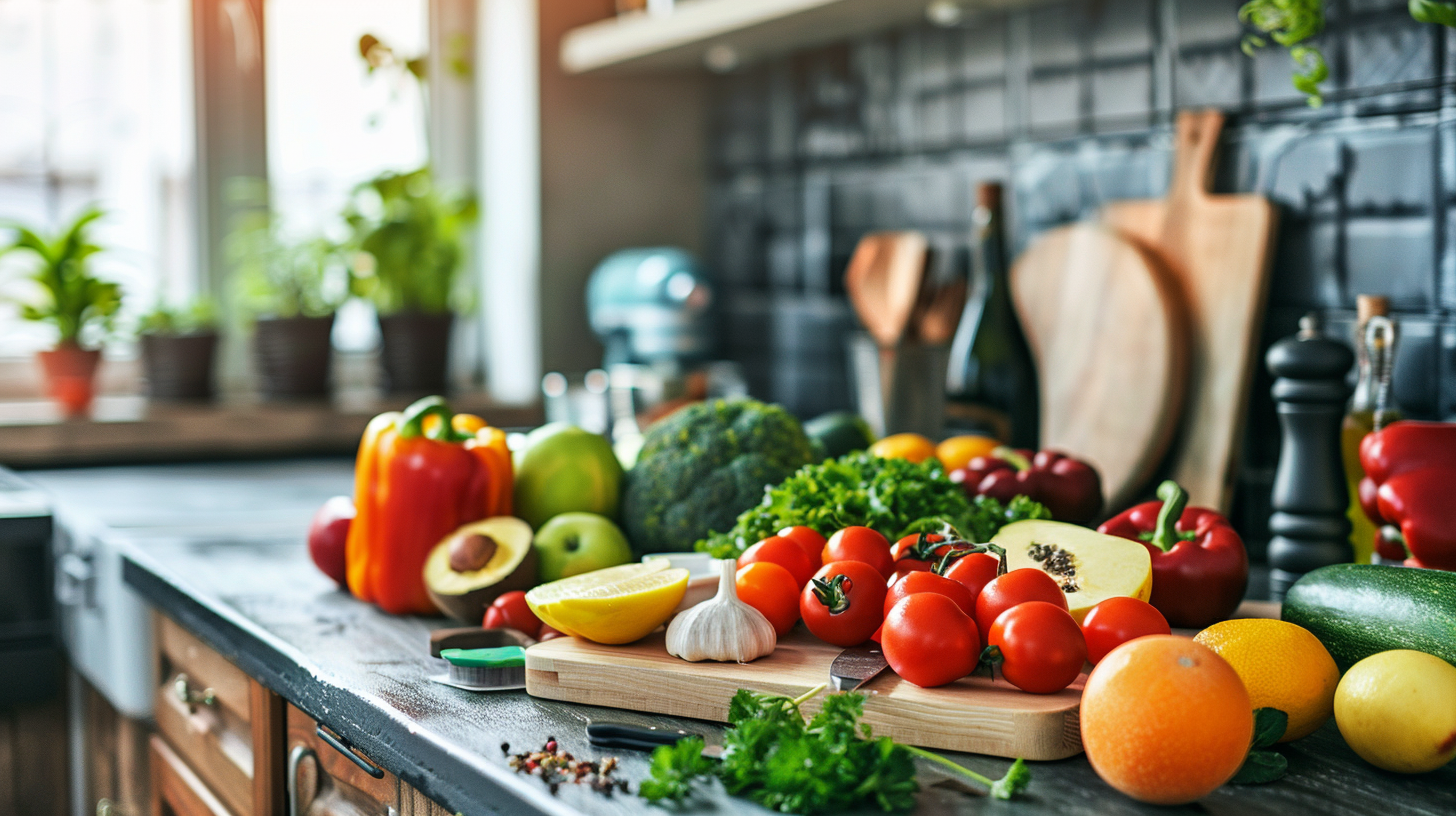 Літня жінка з овочами на кухні